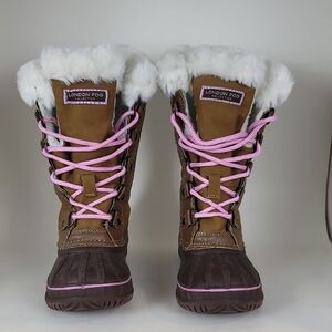 London Fog Tan and Pink Snow Faux Fur Boots